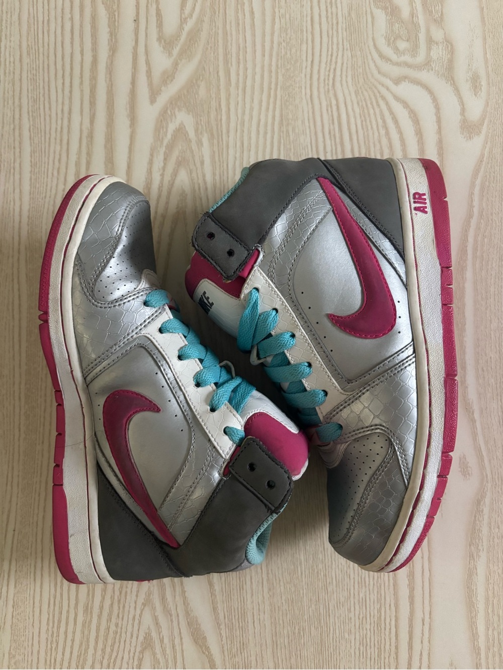 Women's Silver and Pink High-Top Sneakers with Teal Laces